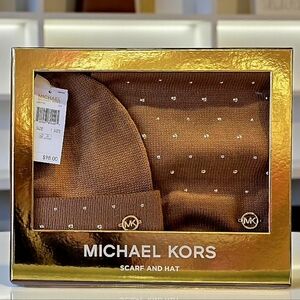 Michael Kors Carmel Beanie & Scarf w/ Gold-tone Studs & Iconic Logo on Both NWT